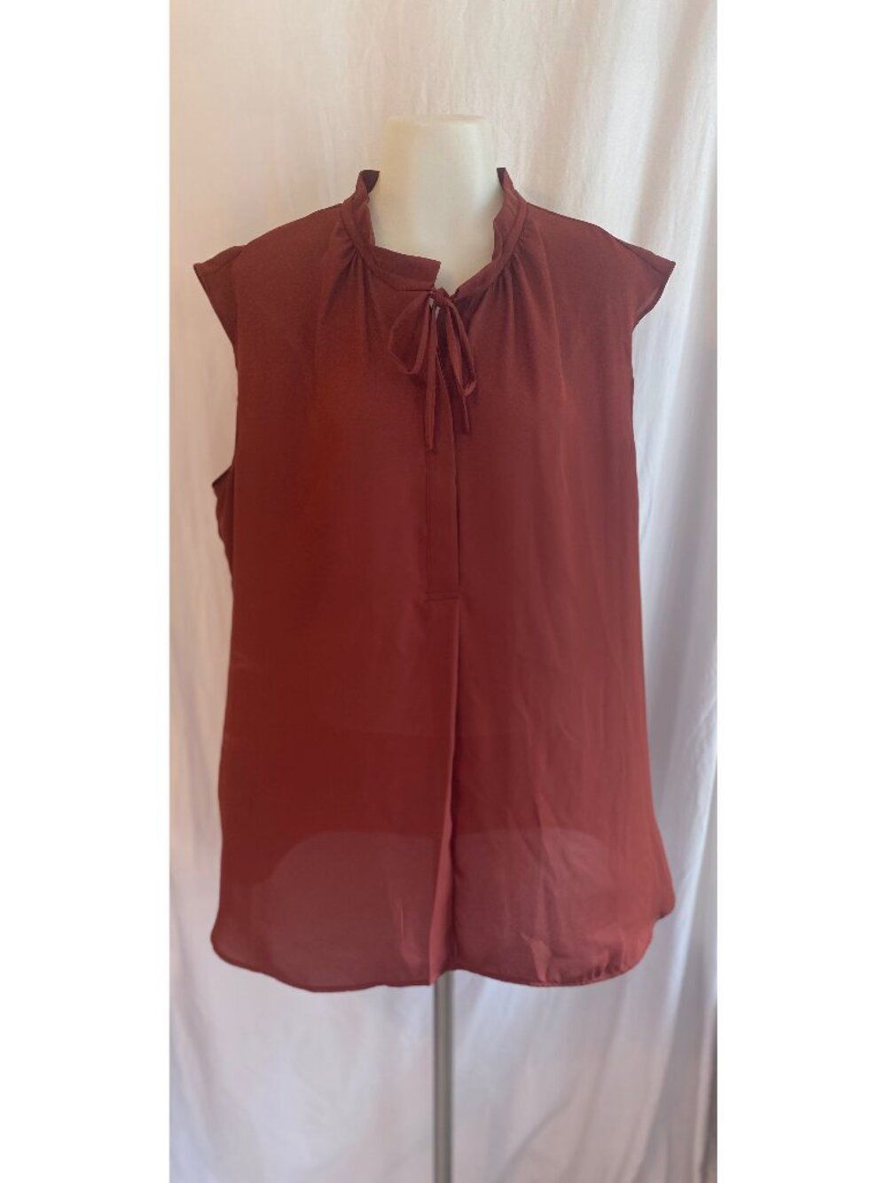 Apt. 9 Rust Brown Sheer Tie Neck Short Sleeve Blouse
